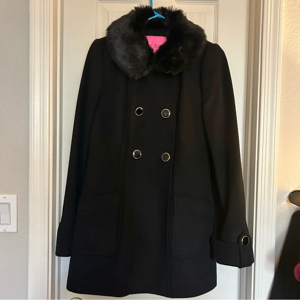 Betsey Johnson Black Double-Breasted Pea Coat with Faux Fur Collar